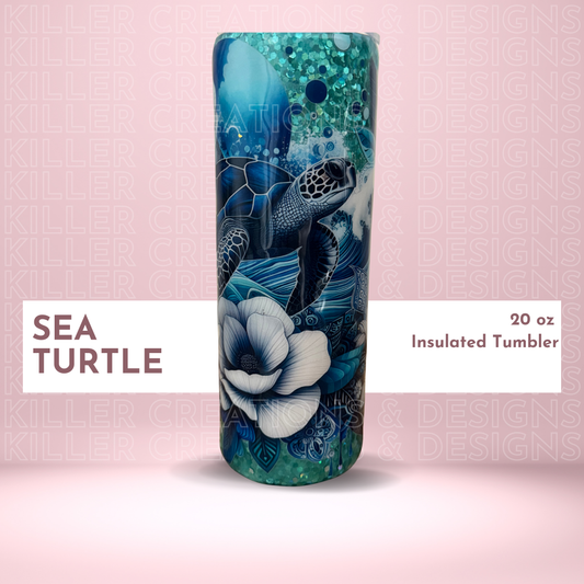 Turquoise Green Glitter 20oz Tumbler with Sea Turtle